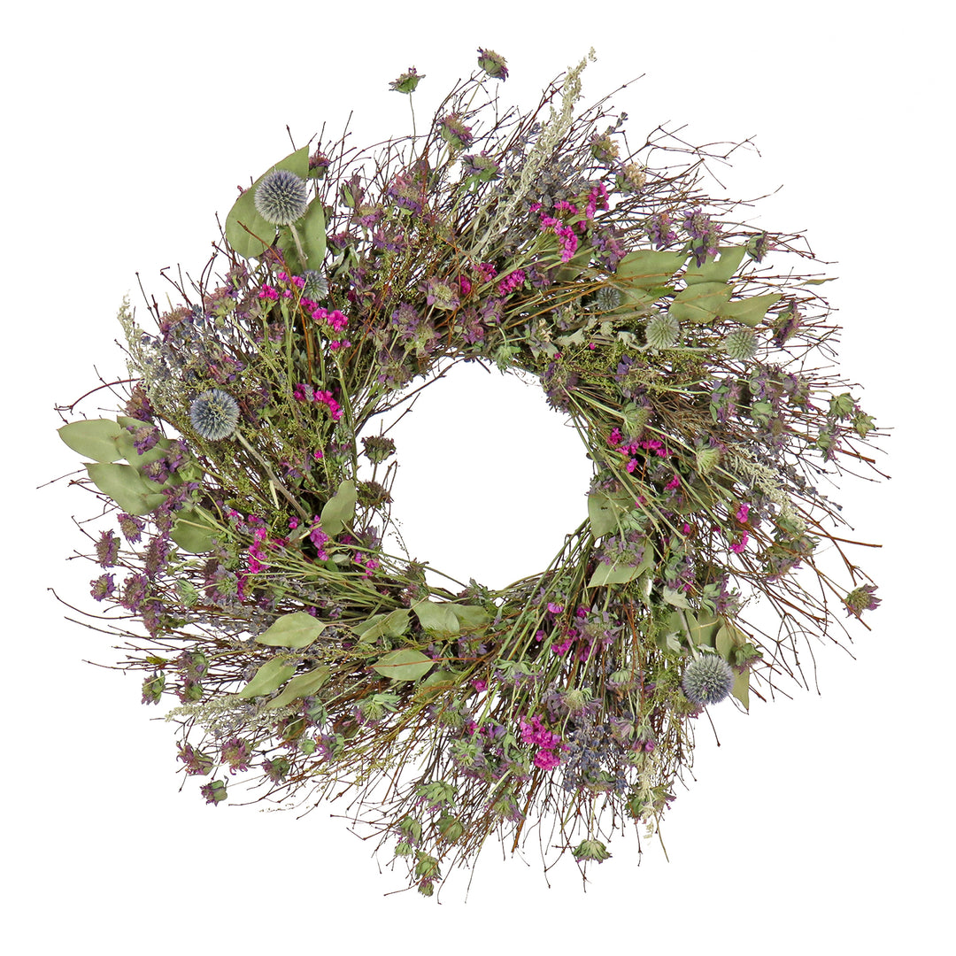 Artificial Spring Wreath, Metal Ring Base, Decorated with Eucalyptus, Wildflowers, Leafy Greens, Spring Collection, 22 Inches