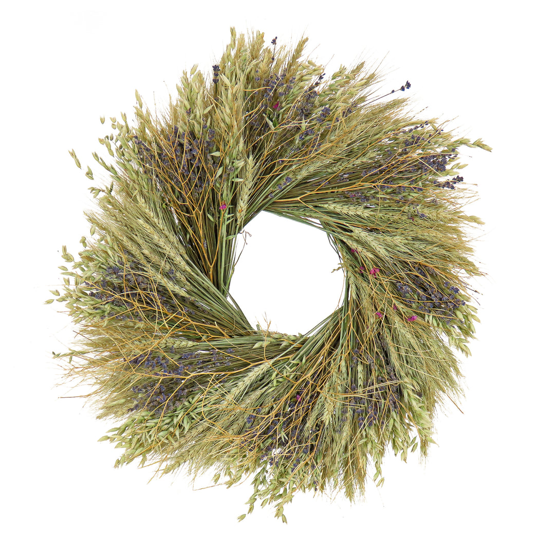 Artificial Spring Wreath, Metal Ring Base, Decorated with Wheat Stalks, Lavender, Leafy Greens, Spring Collection, 22 Inches