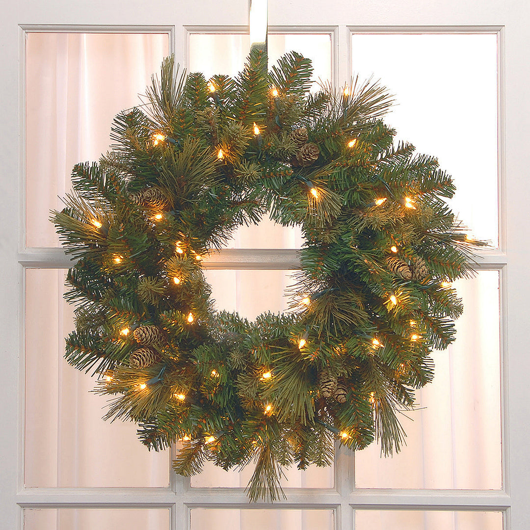 Pre-Lit Artificial Christmas Wreath, Green, Carolina Pine, White Lights, Decorated with Pine Cones, Christmas Collection, 24 Inches