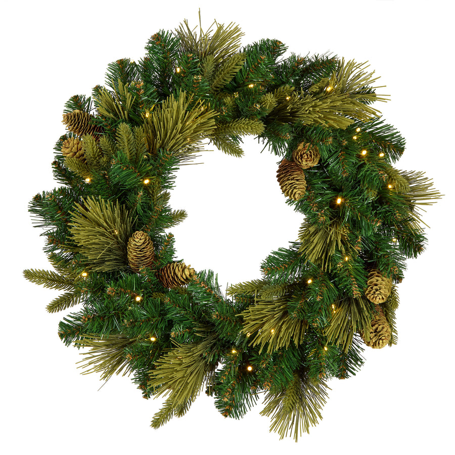 24 in. Pre-Lit Carolina Pine Wreath with Warm White LED Lights - National Tree Company