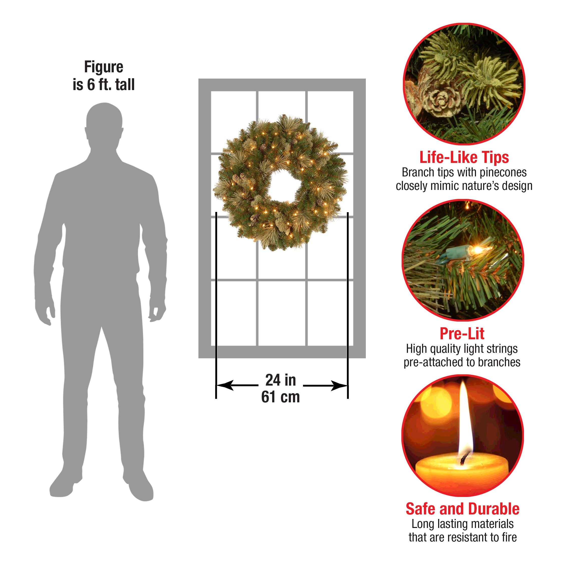 Pre-Lit Artificial Christmas Wreath, Green, Carolina Pine, White Lights, Decorated with Pine Cones, Christmas Collection, 24 Inches