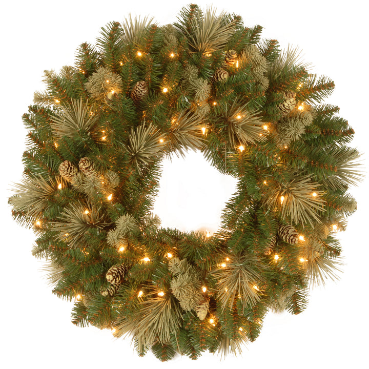 Pre-Lit Artificial Christmas Wreath, Green, Carolina Pine, White Lights, Decorated with Pine Cones, Christmas Collection, 30 Inches
