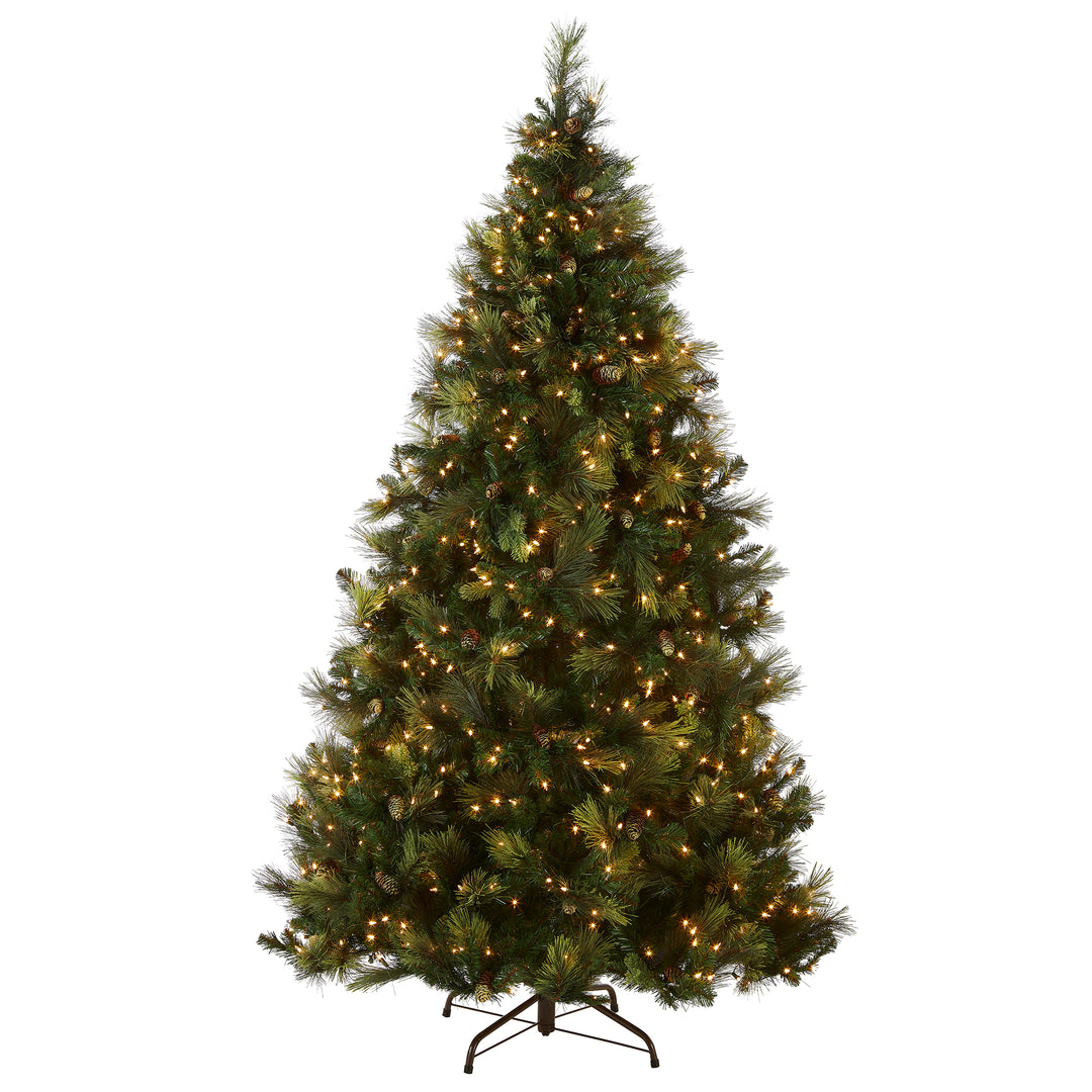 Pre-Lit 'Feel Real' Artificial Full Christmas Tree, Green, Carolina Pine, White Lights, Flocked with Pine Cones, Includes Stand, 7 Feet