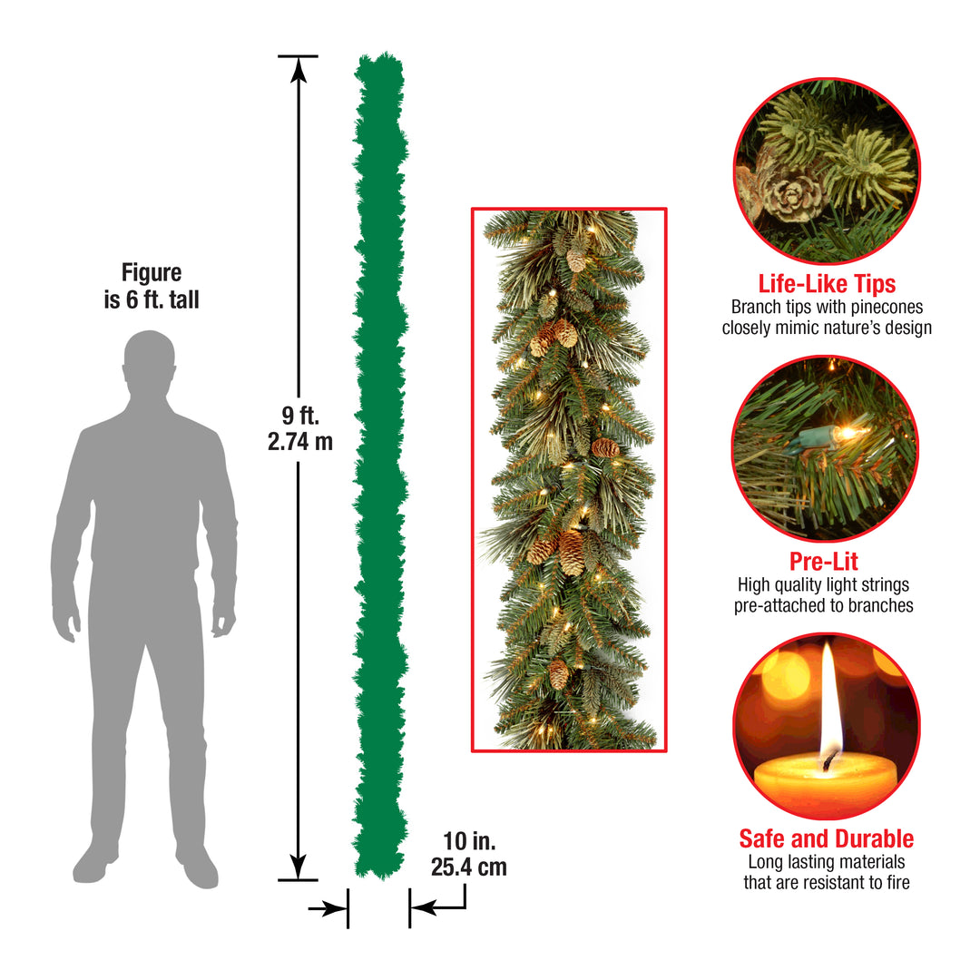 Pre-Lit Artificial Christmas Garland, Green, Carolina Pine, White Lights, Decorated with Pine Cones, Plug In, Christmas Collection, 9 Feet