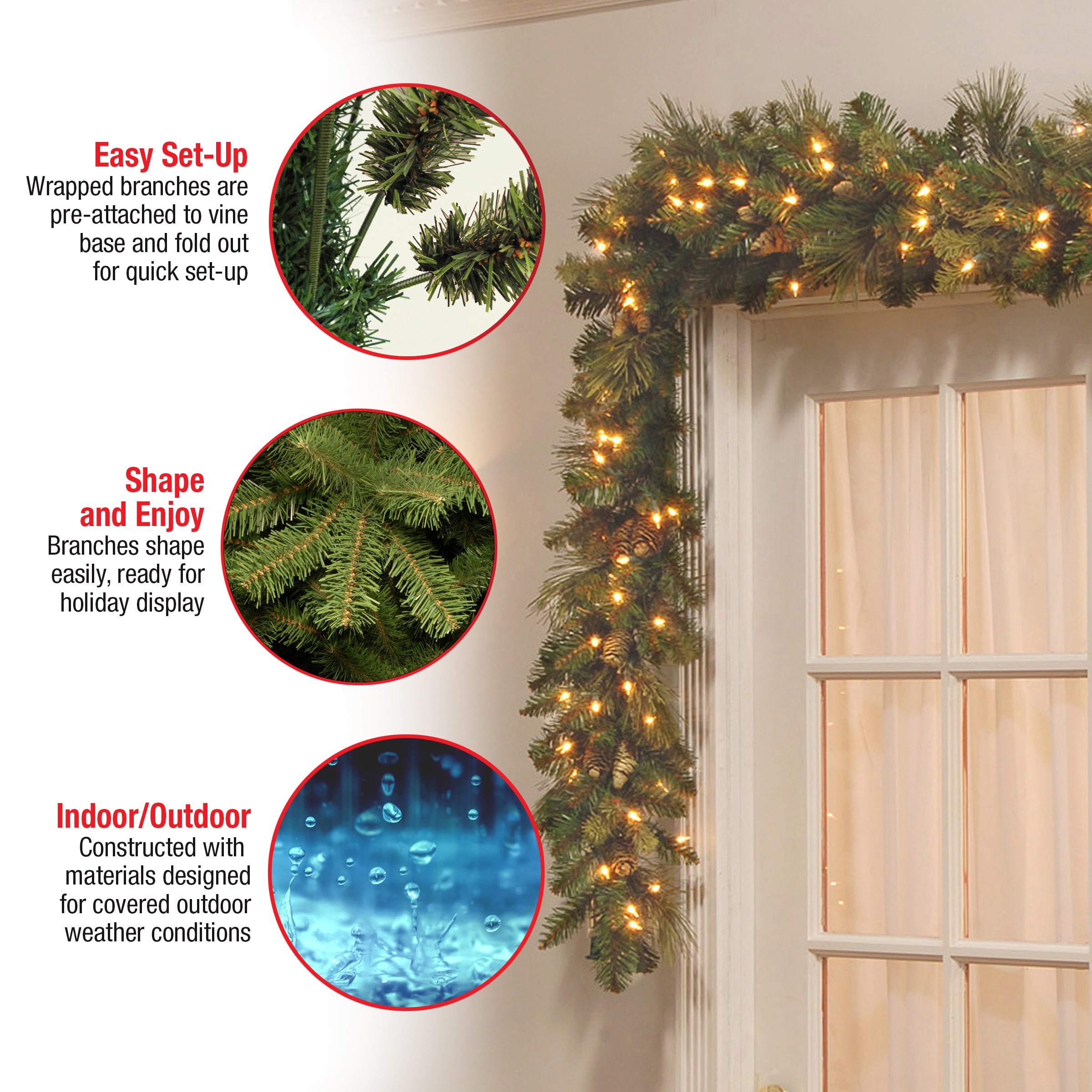 Pre-Lit Artificial Christmas Garland, Green, Carolina Pine, White Lights, Decorated with Pine Cones, Plug In, Christmas Collection, 9 Feet