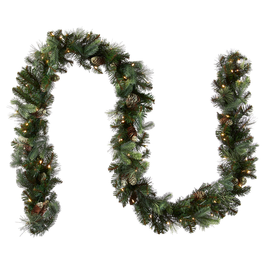 National Tree Company Pre-Lit Artificial Christmas Garland, Green, Carolina Pine, White Lights, Decorated with Pine Cones, Battery Operated, Christmas Collection, 9 Feet