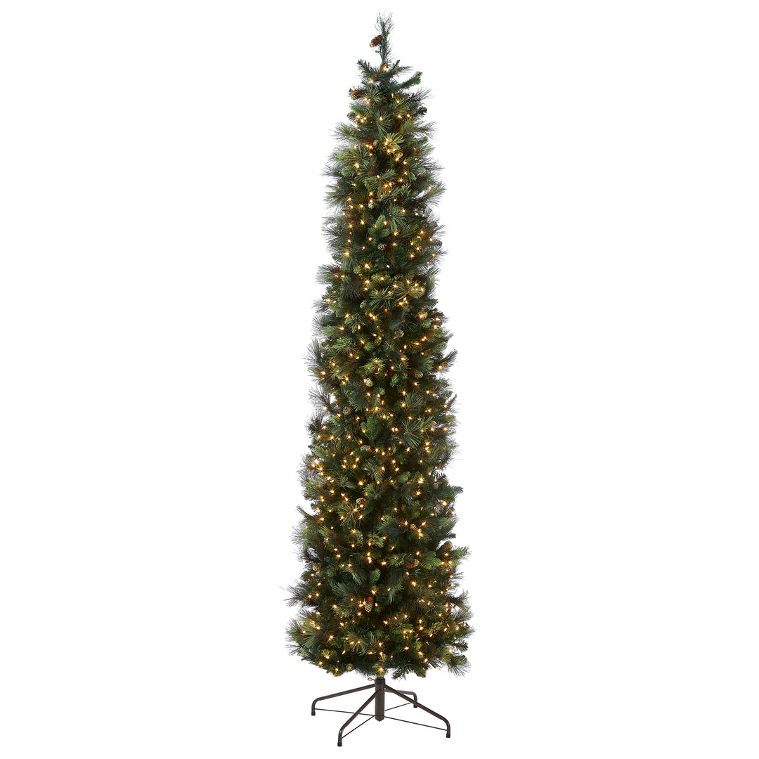 Pre-Lit Artificial Giant Slim Christmas Tree, Green, Carolina Pine, White Lights, Flocked with Pine Cones, Includes Stand, 12 feet