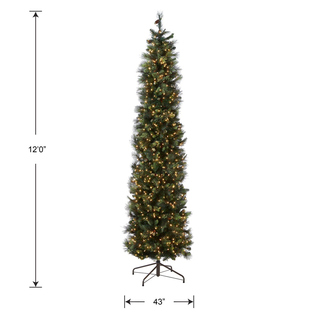 Pre-Lit Artificial Giant Slim Christmas Tree, Green, Carolina Pine, White Lights, Flocked with Pine Cones, Includes Stand, 12 feet