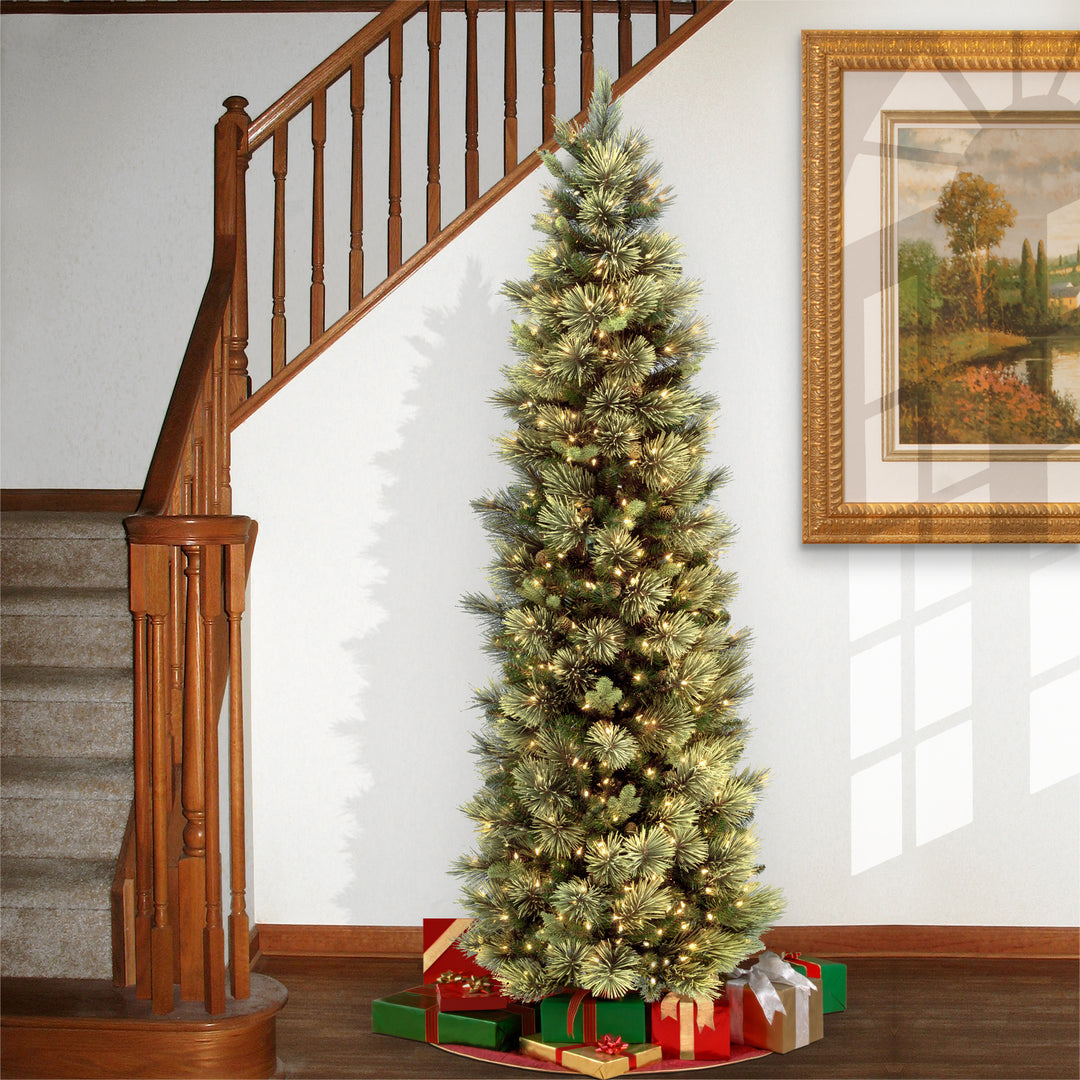 Pre-Lit Artificial Slim Christmas Tree, Green, Carolina Pine, White Lights, Includes Stand, 6.5 feet