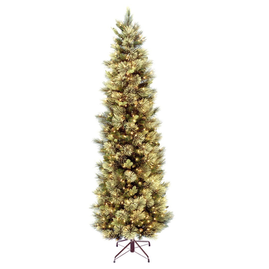 Pre-Lit Artificial Slim Christmas Tree, Green, Carolina Pine, White Lights, Includes Stand, 7.5 feet