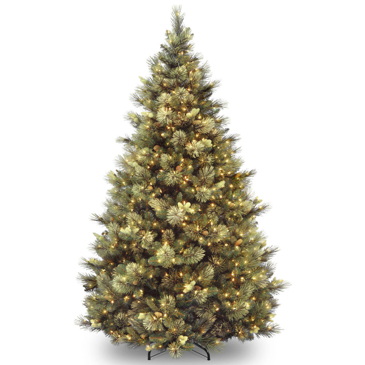 Pre-Lit Artificial Full Christmas Tree, Green, Carolina Pine, White Lights, Flocked with Pine Cones, Includes Stand, 7 feet