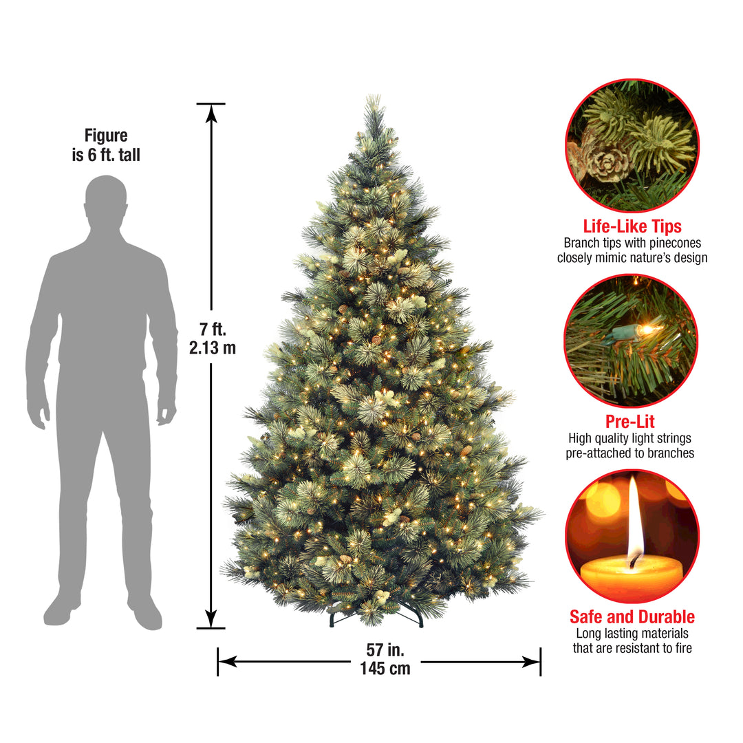Pre-Lit Artificial Full Christmas Tree, Green, Carolina Pine, White Lights, Flocked with Pine Cones, Includes Stand, 7 feet