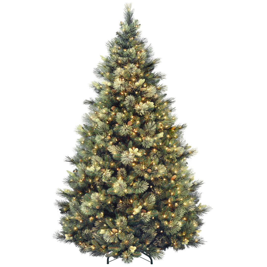 Pre-Lit Artificial Full Christmas Tree, Green, Carolina Pine, White Lights, Flocked with Pine Cones, Includes Stand, 7.5 feet