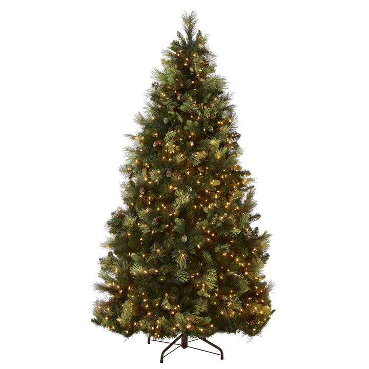 Pre-Lit Artificial Full Christmas Tree, Green, Carolina Pine, White Lights, Flocked with Pine Cones, Includes Stand, 7.5 feet