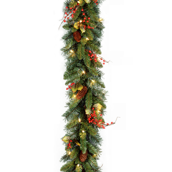 Pre-Lit Artificial Christmas Garland, Green, Classical, White Lights, Decorated With Pine Cones, Berry Clusters, Holly Leaves, Plug In, Christmas Collection, 9 Feet