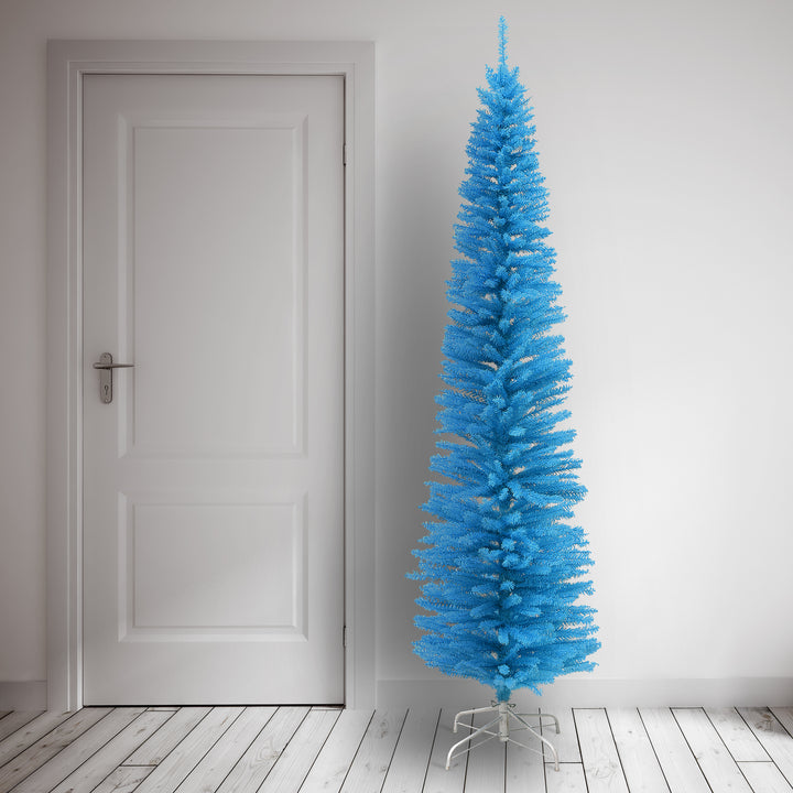7.5 Feet Slim Light Blue Christmas Tree with White Stand