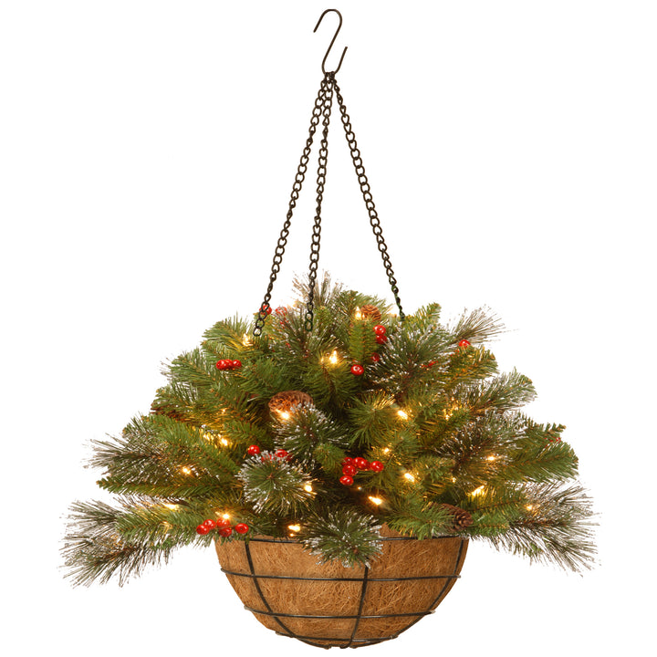 National Tree Company Pre-Lit Artificial Christmas Hanging Basket, Crestwood Spruce, Decorated With Frosted Pine Cones, Berry Clusters, White Lights, Christmas Collection, 16 Inches