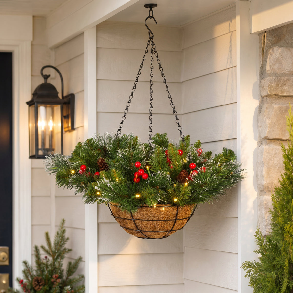 20 in. Pre-Lit Crestwood Spruce Hanging Basket with Warm White LED Lights - National Tree Company