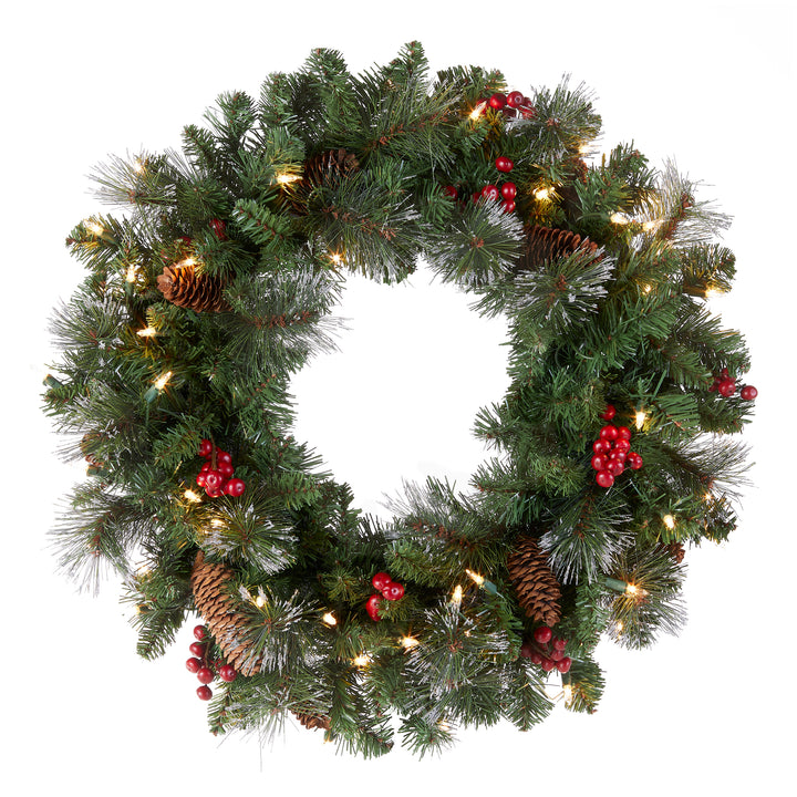 Pre-Lit Artificial Christmas Wreath, Green, Crestwood Spruce, White Lights, Plug-In, Decorated with Pine Cones, Berry Clusters, Christmas Collection, 24 Inches