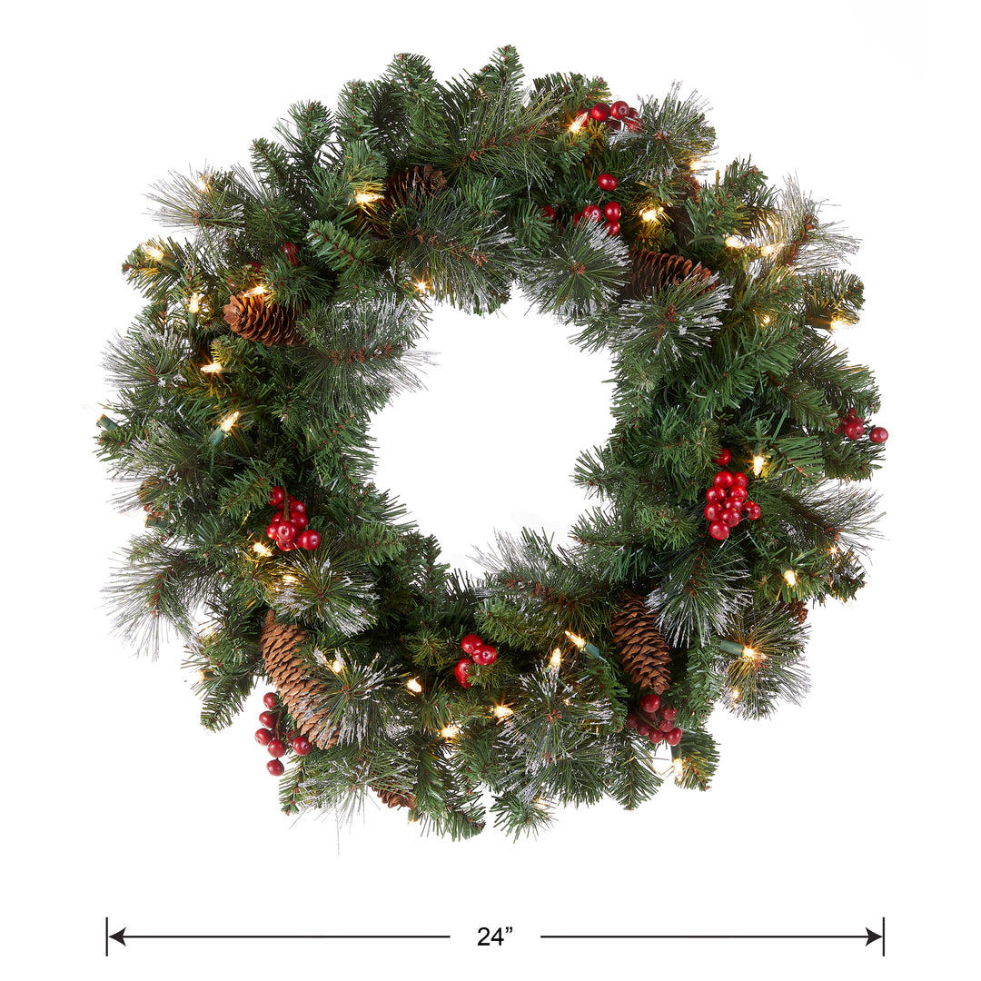 Pre-Lit Artificial Christmas Wreath, Green, Crestwood Spruce, White Lights, Decorated with Pine Cones, Berry Clusters, Christmas Collection, 24 Inches
