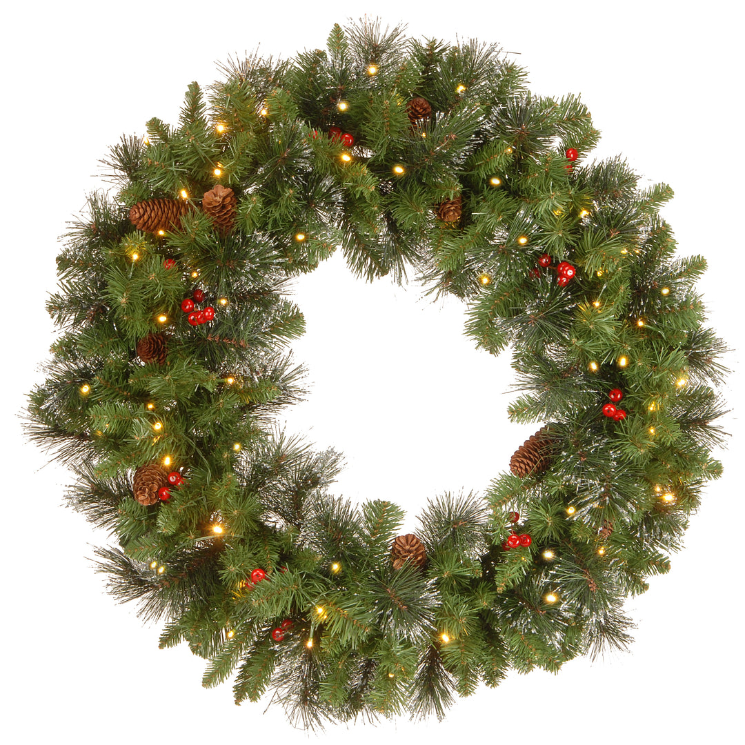 Pre-Lit Artificial Christmas Wreath, Green, Carolina Pine, White Lights, Decorated with Pine Cones, Berry Clusters, Frosted Branches, Christmas Collection, 30 Inches