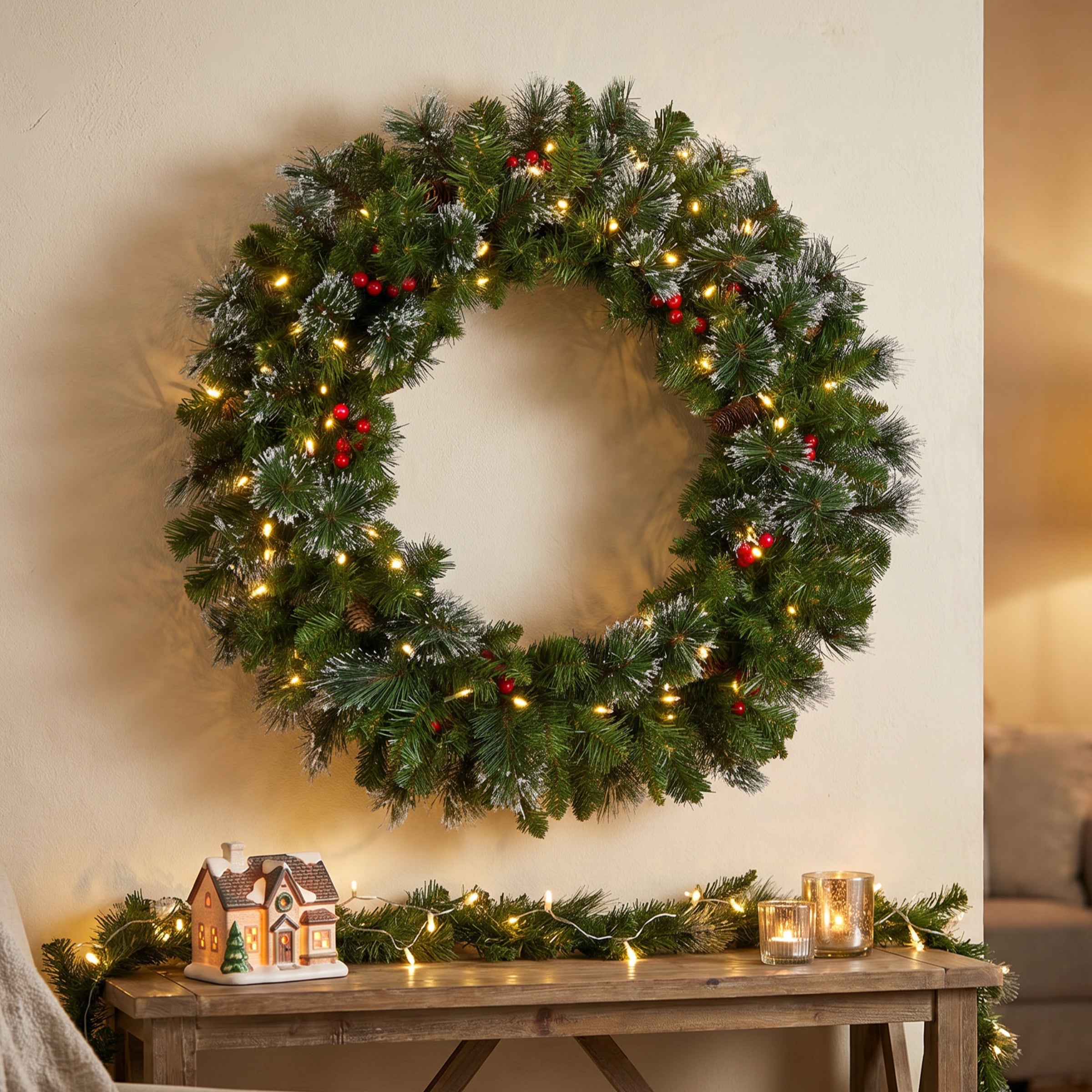 30 in. Pre-Lit Crestwood Spruce Wreath with Warm White LED Lights