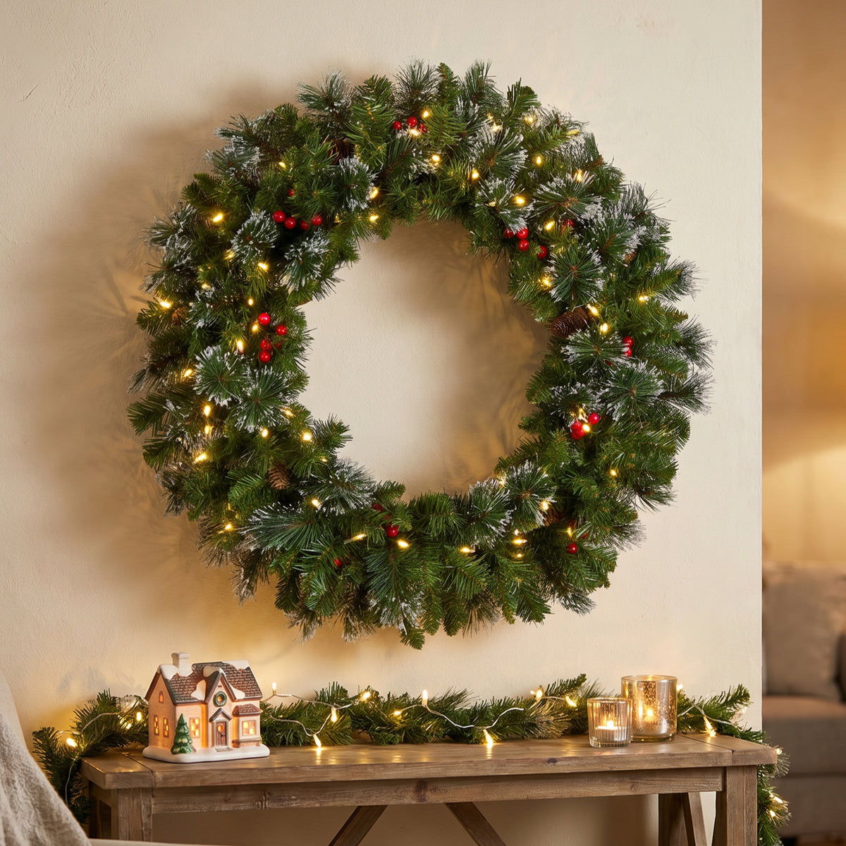 30 in. Pre-Lit Crestwood Spruce Wreath with Warm White LED Lights - National Tree Company
