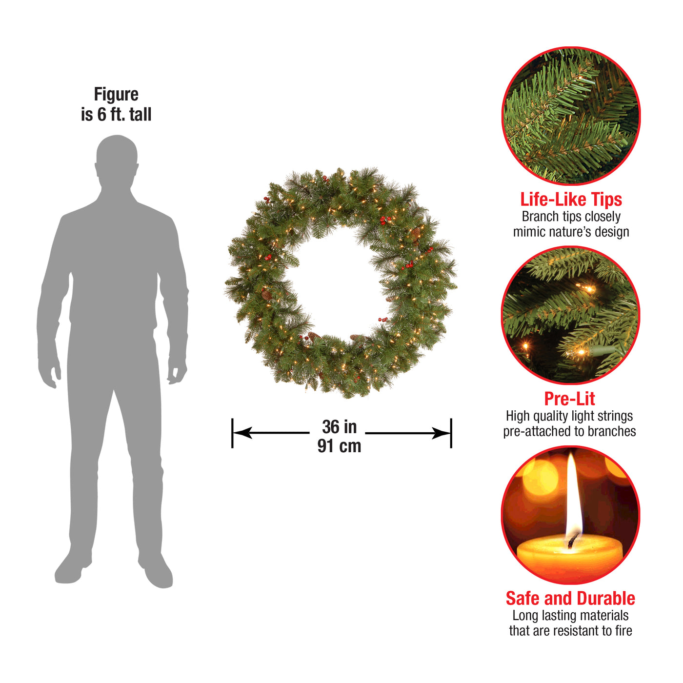 36 in. Pre-Lit Crestwood Spruce Wreath with Clear Lights - National Tree Company