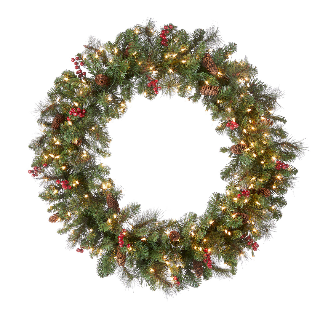 National Tree Company Pre-Lit Artificial Christmas Wreath, Green, Crestwood Spruce, White Lights, Decorated with Pine Cones, Berry Clusters, Frosted Branches, Christmas Collection, 36 Inches
