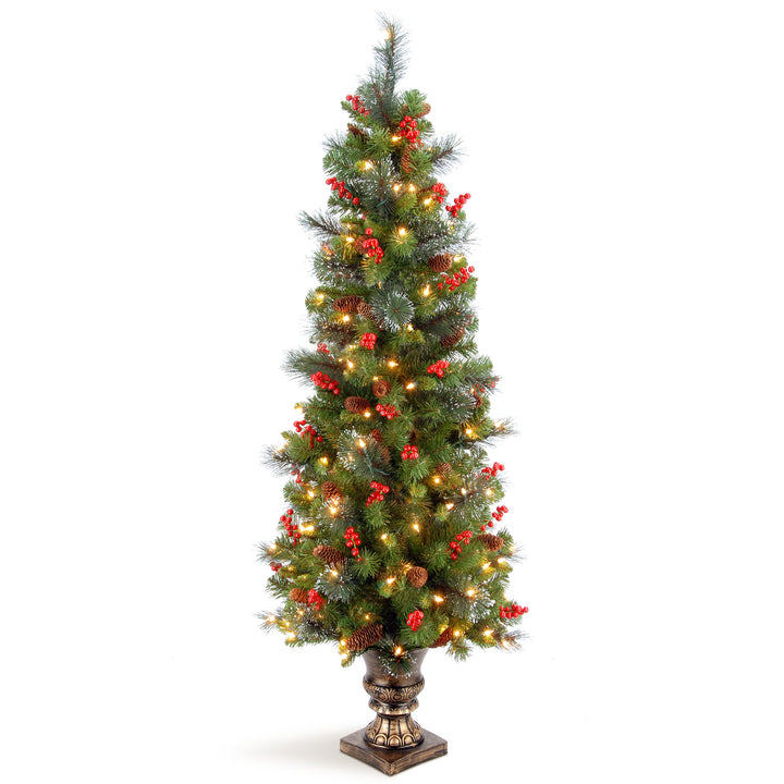 Pre-Lit Artificial Entrance Christmas Tree, Green, Crestwood Spruce, White Lights, Decorated with Pine Cones, Berry Clusters, Frosted Branches, Includes Pot Base, 5 Feet