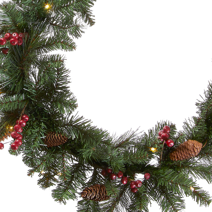 Pre-Lit Artificial Christmas Garland, Green, Crestwood Spruce, White Lights, Decorated with Pine Cones, Berry Clusters, Plug In, Christmas Collection, 9 Feet