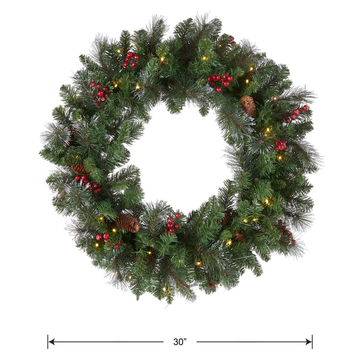 Pre-Lit Artificial Christmas Wreath, Green, Crestwood Spruce, White Lights, Decorated with Pine Cones, Berry Clusters, Frosted Branches, Christmas Collection, 30 Inches