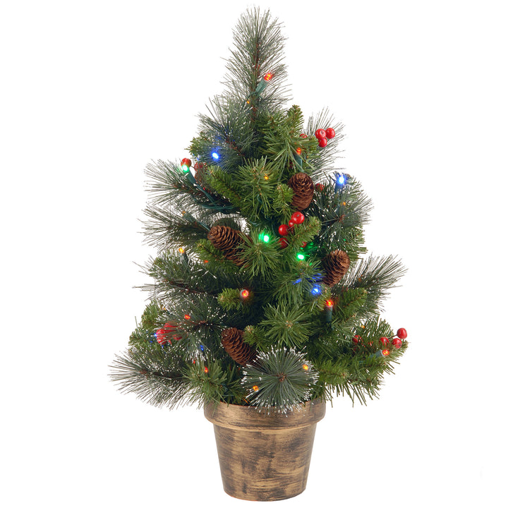 Pre-Lit Artificial Mini Christmas Tree, Green, Crestwood Spruce, Multicolor Lights, Decorated with Pine Cones, Berry Clusters, Frosted Branches, Includes Pot Base, 2 Feet