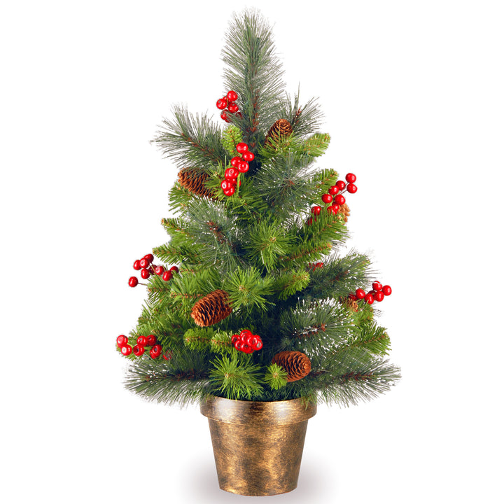 Pre-Lit Artificial Mini Christmas Tree, Green, Crestwood Spruce, White Lights, Decorated with Pine Cones, Berry Clusters, Frosted Branches, Includes Pot Base, 2 Feet