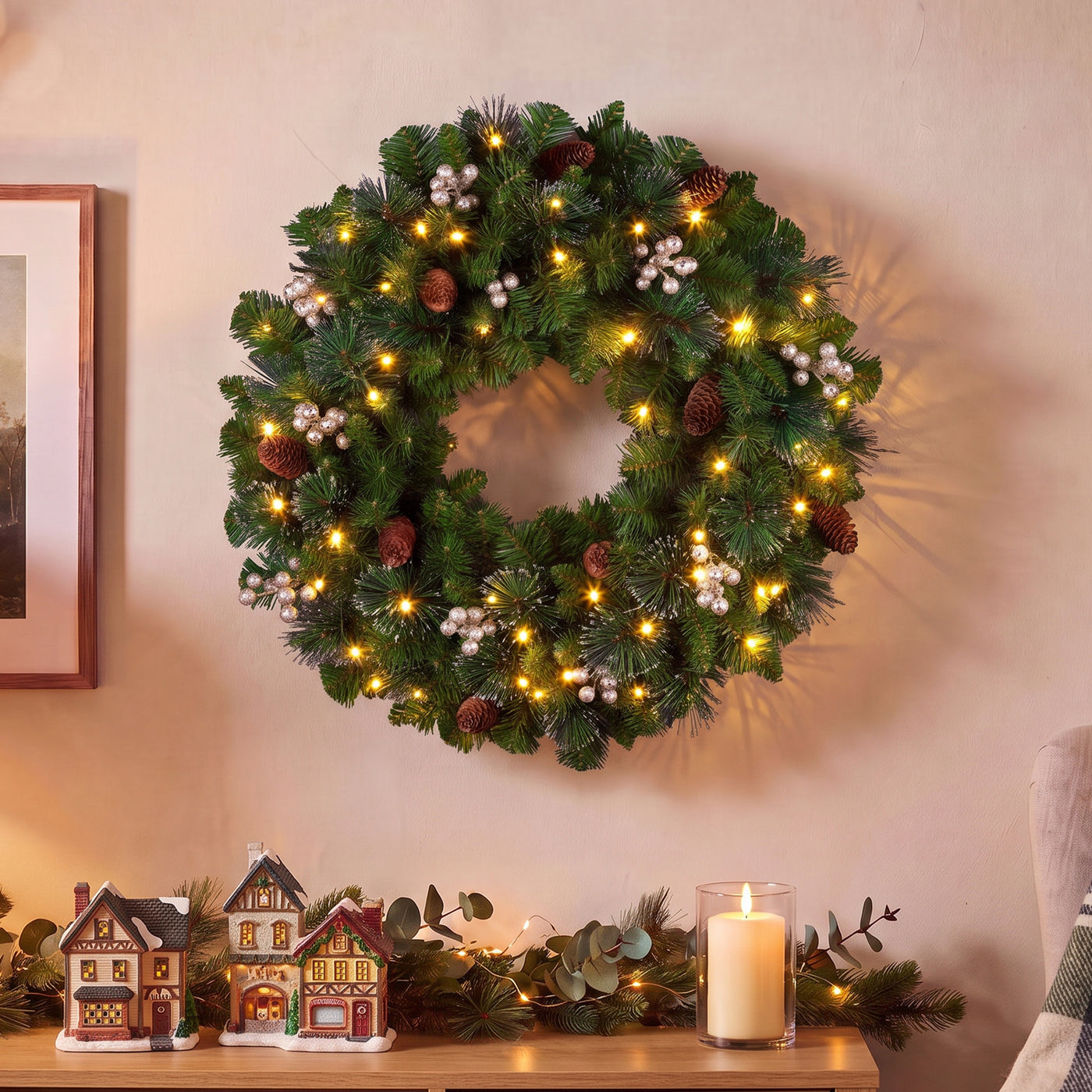24 in. Crestwood Gold Spruce Wreath with Warm White LED Lights - National Tree Company