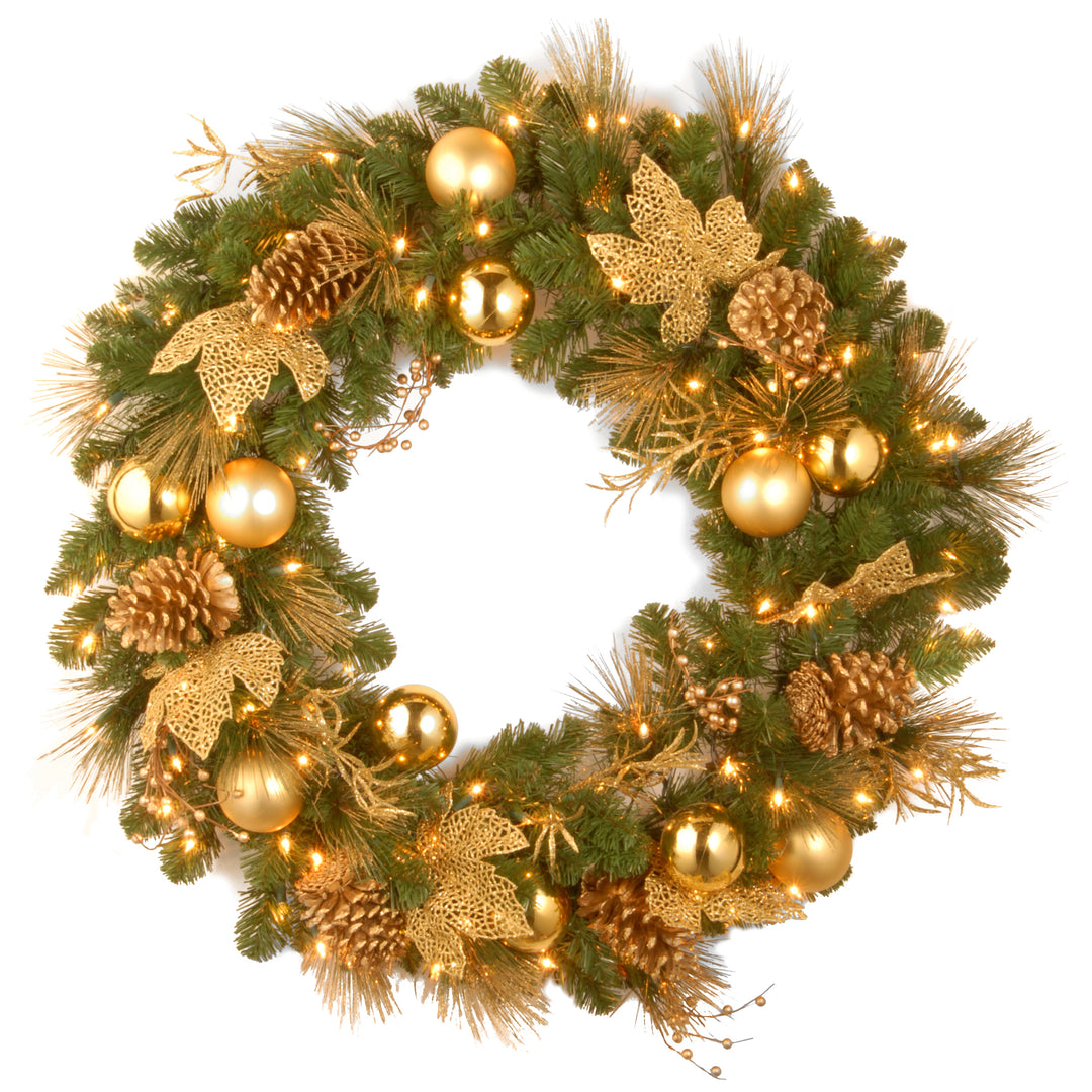 Pre-Lit Artificial Christmas Wreath, Green, Elegance, White Lights, Decorated with Pine Cones, Berry Clusters, Ball Ornaments, Christmas Collection, 36 Inches