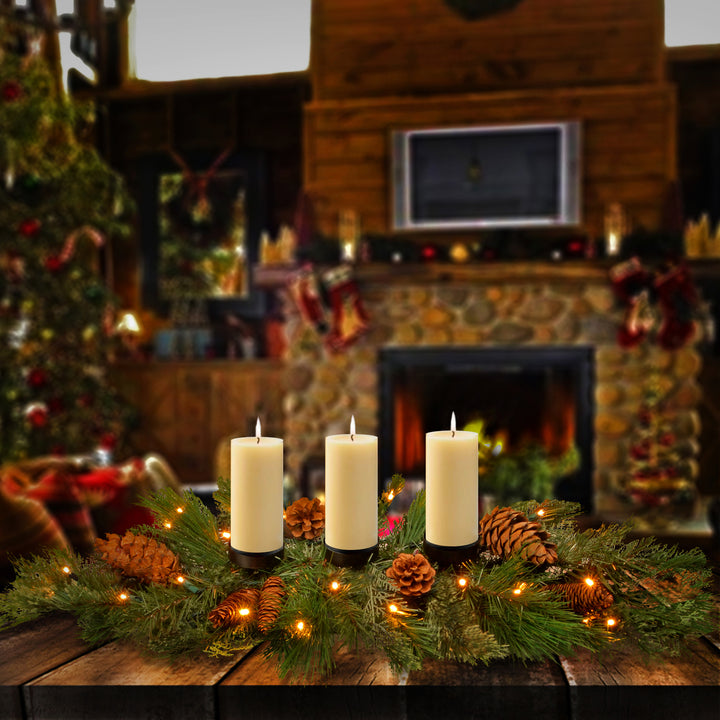 30in. White Pine Candle Holder Centerpiece with Battery Operated Warm White LED Lights
