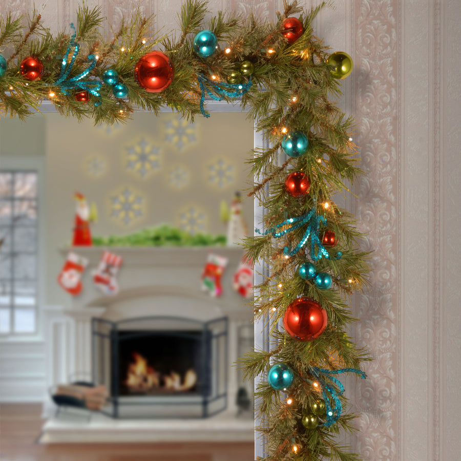 9 ft. Pre-Lit Decorative Collection Retro Garland with Warm White LED Lights