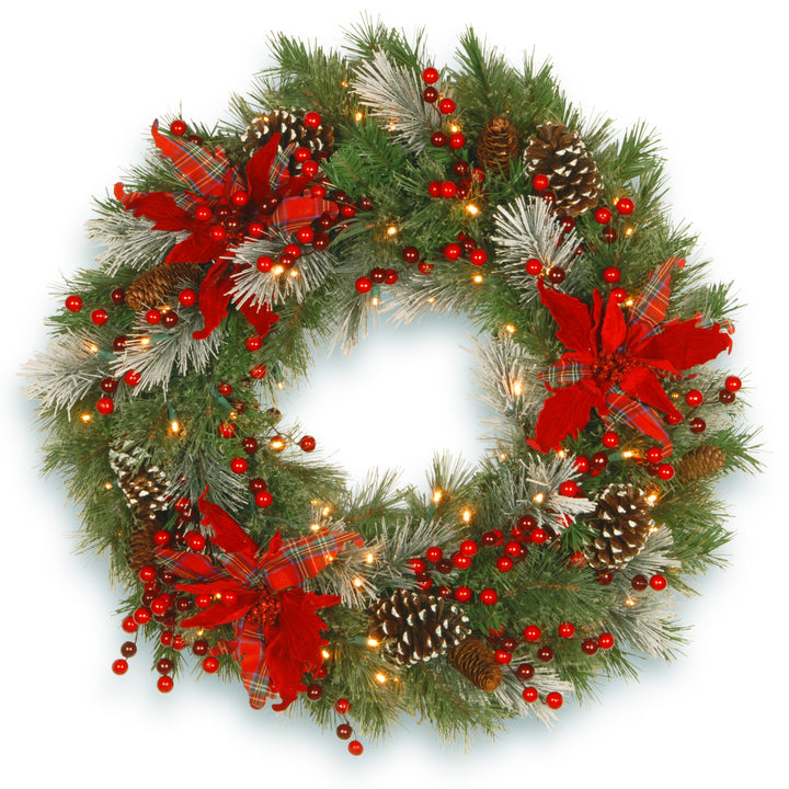 National Tree Company Pre-Lit Artificial Christmas Wreath, Green, Tartan Plaid, White Lights, Decorated with Frosted Branches, Pine Cones, Berry Clusters, Flowers, Christmas Collection, 30 Inches