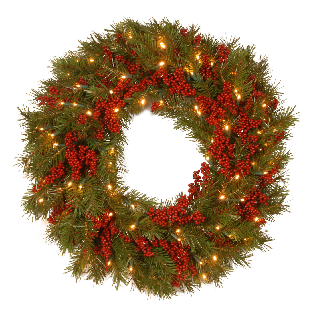 National Tree Company Pre-Lit Artificial Christmas Wreath, Green, Valley Pine, White Lights, Decorated with Berry Clusters, Christmas Collection, 24 Inches