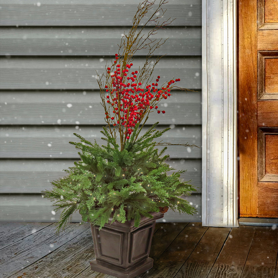 48 in. Pre Lit Evergreen Artificial Shrub with Red Berries, Pine Cones, LED Lights