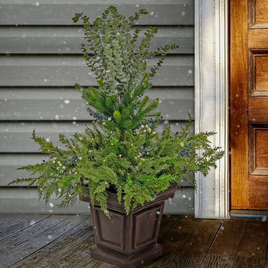 48 in. Pre Lit Cedar and Evergreen Artificial Shrub  with Blue and White Berries, LED Lights