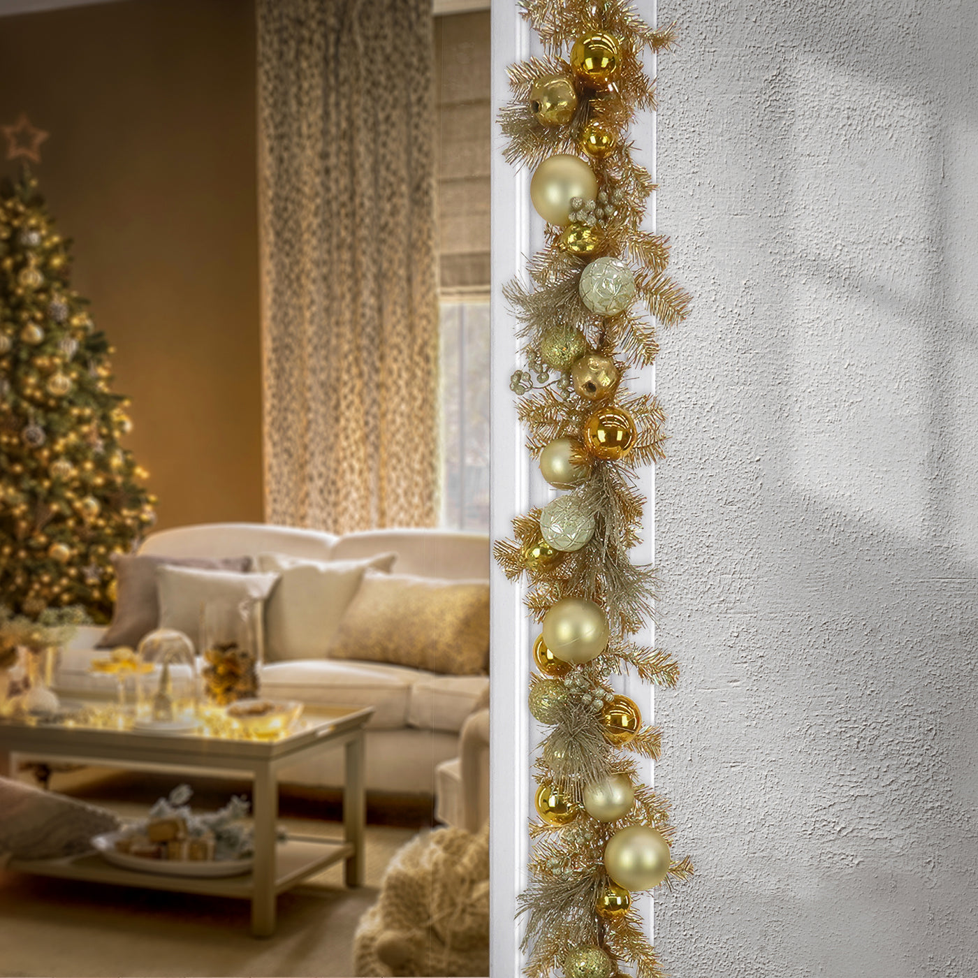 9 ft. Pre-Lit Christmas Be Merry Trimmed Gold Garland with Warm White LED Lights - National Tree Company