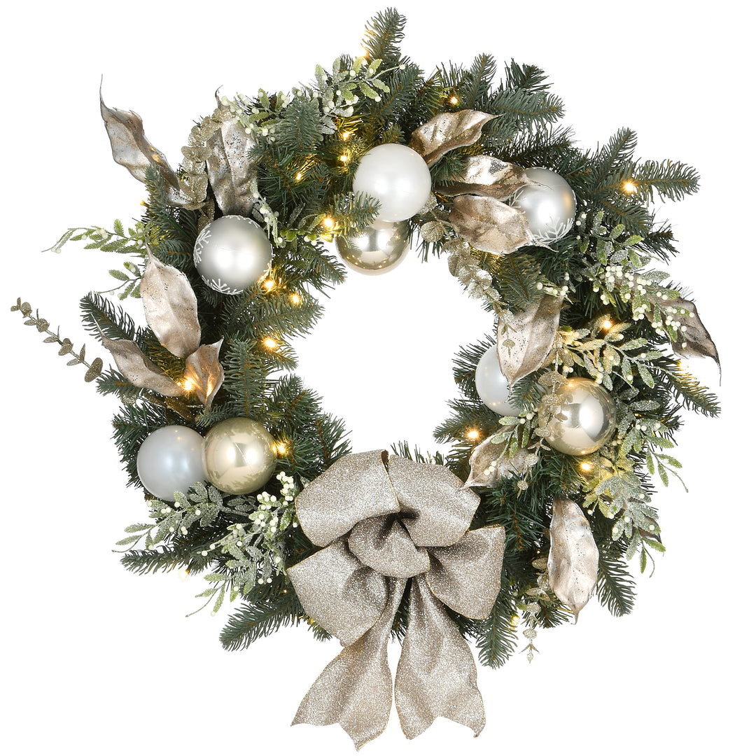 24" Pre-Lit Yuletide Glam Decorated Wreath with Bow