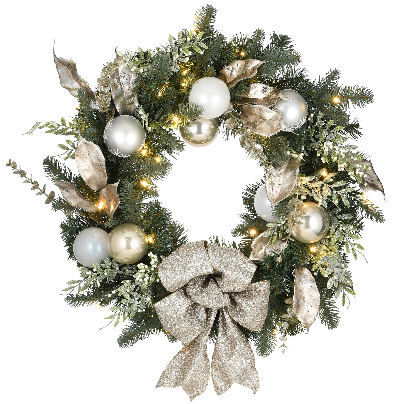 24 in. Pre-Lit Yuletide Glam Decorated Wreath with Bow - National Tree Company