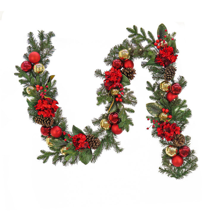 National Tree Company Pre Lit Artificial Garland, Vienna Waltz, Green, Decorated with Red and Gold Ball Ornaments, Pine Cones, Red Berry Clusters, Warm White Led Lights, Christmas Collection, 9 Feet