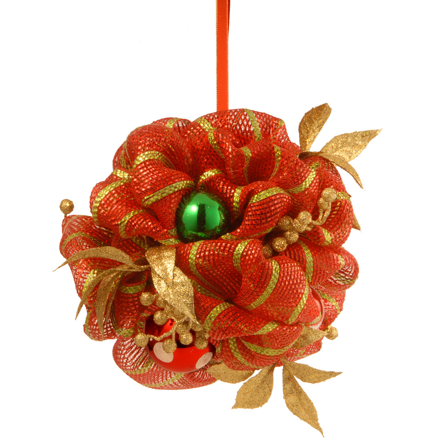 National Tree Company Pre-Lit Artificial Christmas Kissing Ball, Red, Ribbon, Decorated with Ball Ornaments, Leaves, Berry Clusters, Christmas Collection, 12 Inches - National Tree Company