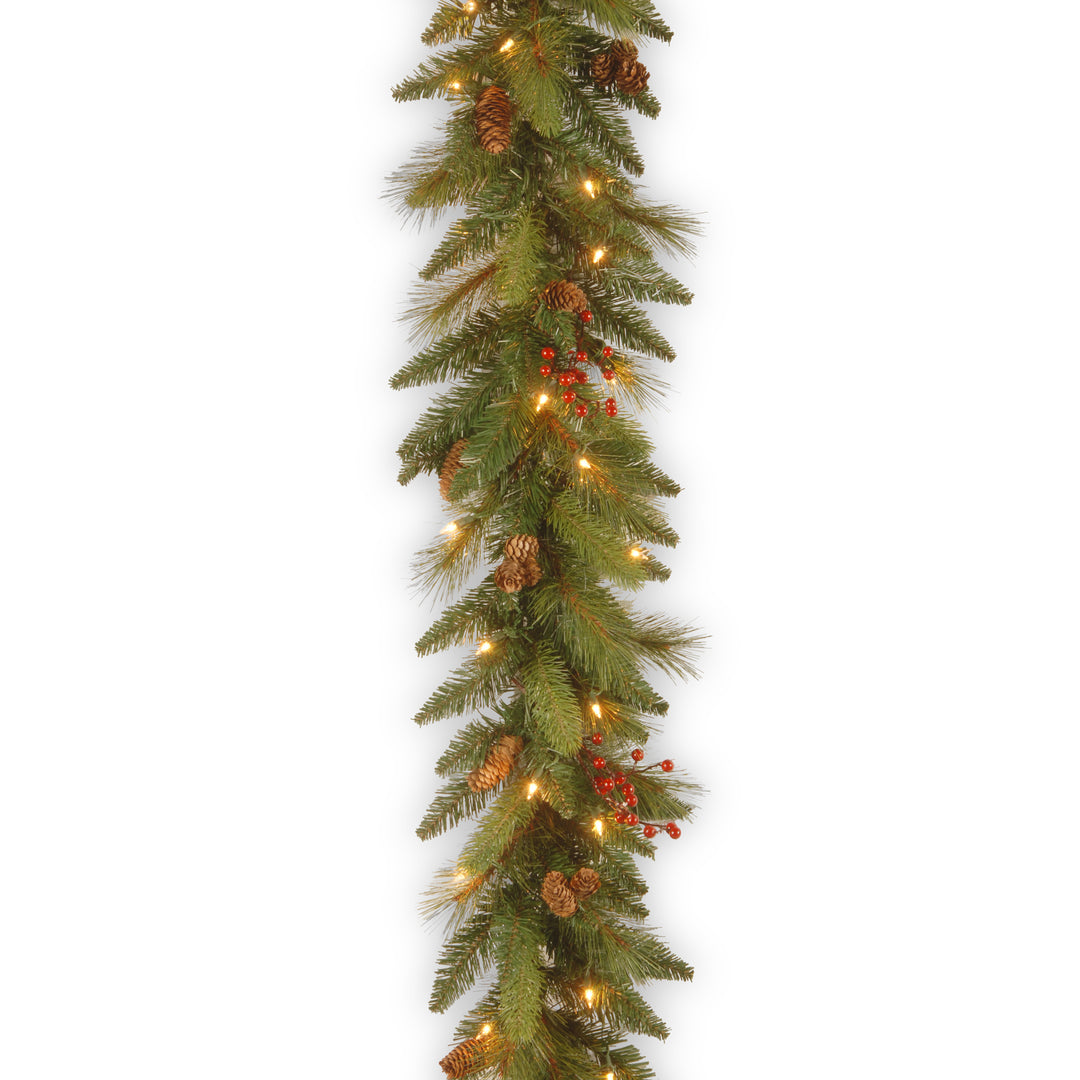 Pre-Lit Artificial Christmas Garland, Green, Evergreen, White Lights, Decorated With Pine Cones, Berry Clusters, Plug In, Christmas Collection, 9 Feet