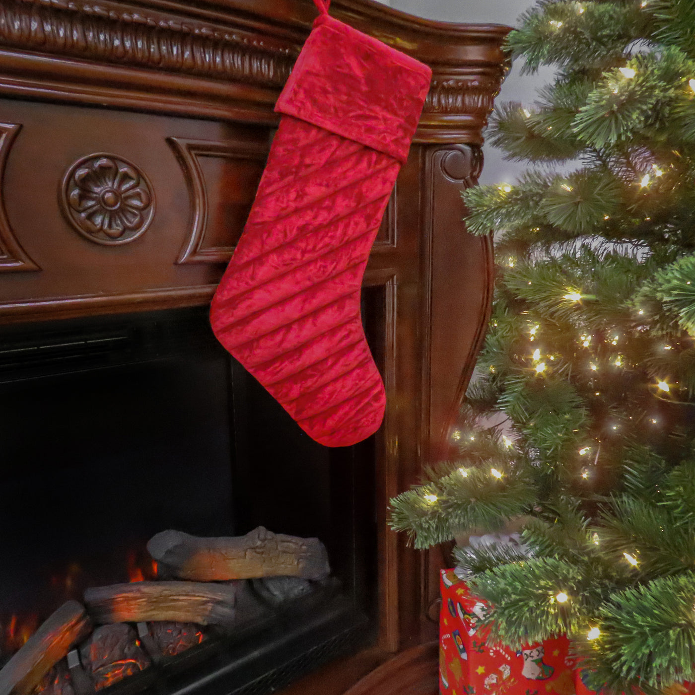 19 in. HGTV Home Collection Quilted Velvet Stocking, Red - National Tree Company