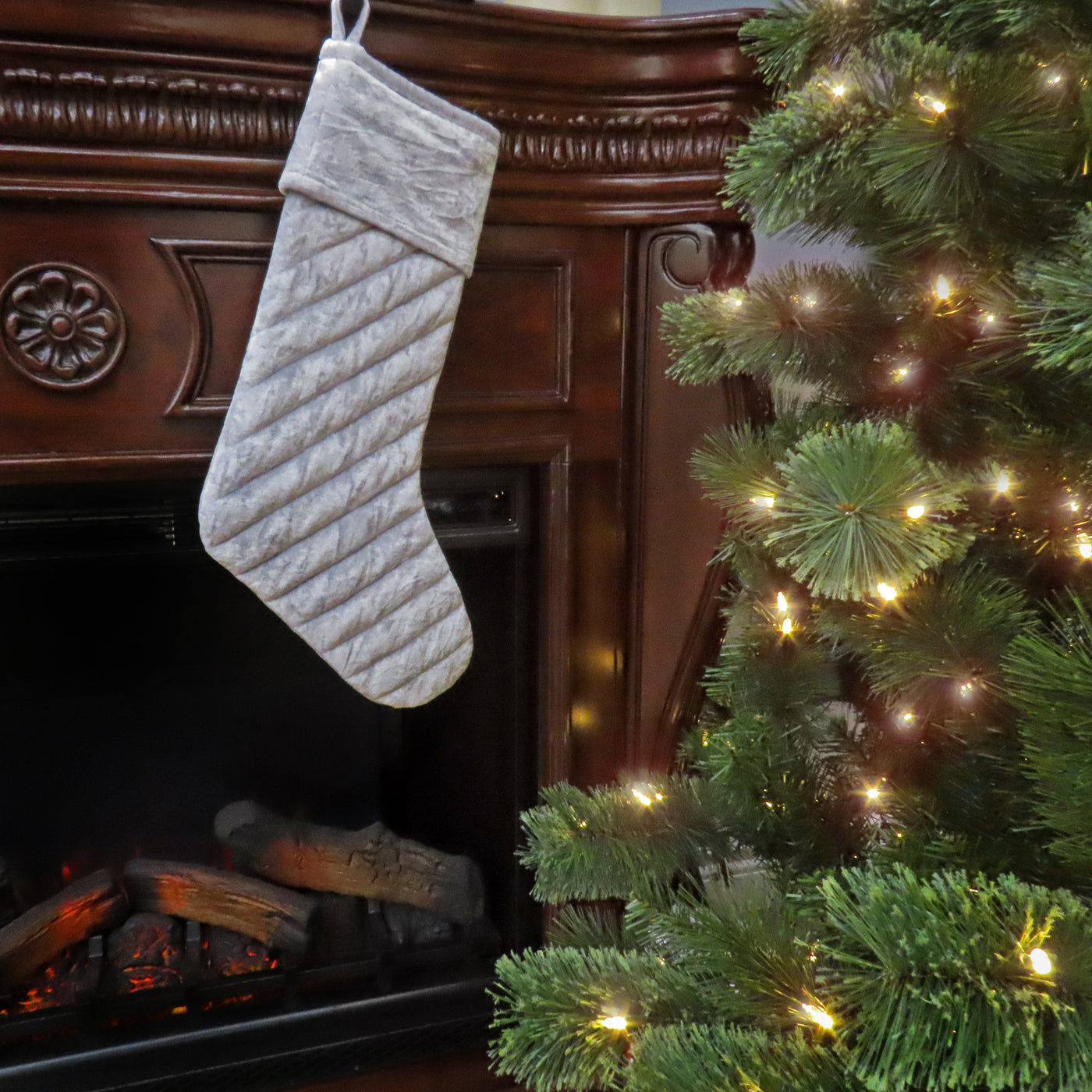 19” HGTV Home Collection Quilted Velvet Stocking, Silver - National Tree Company